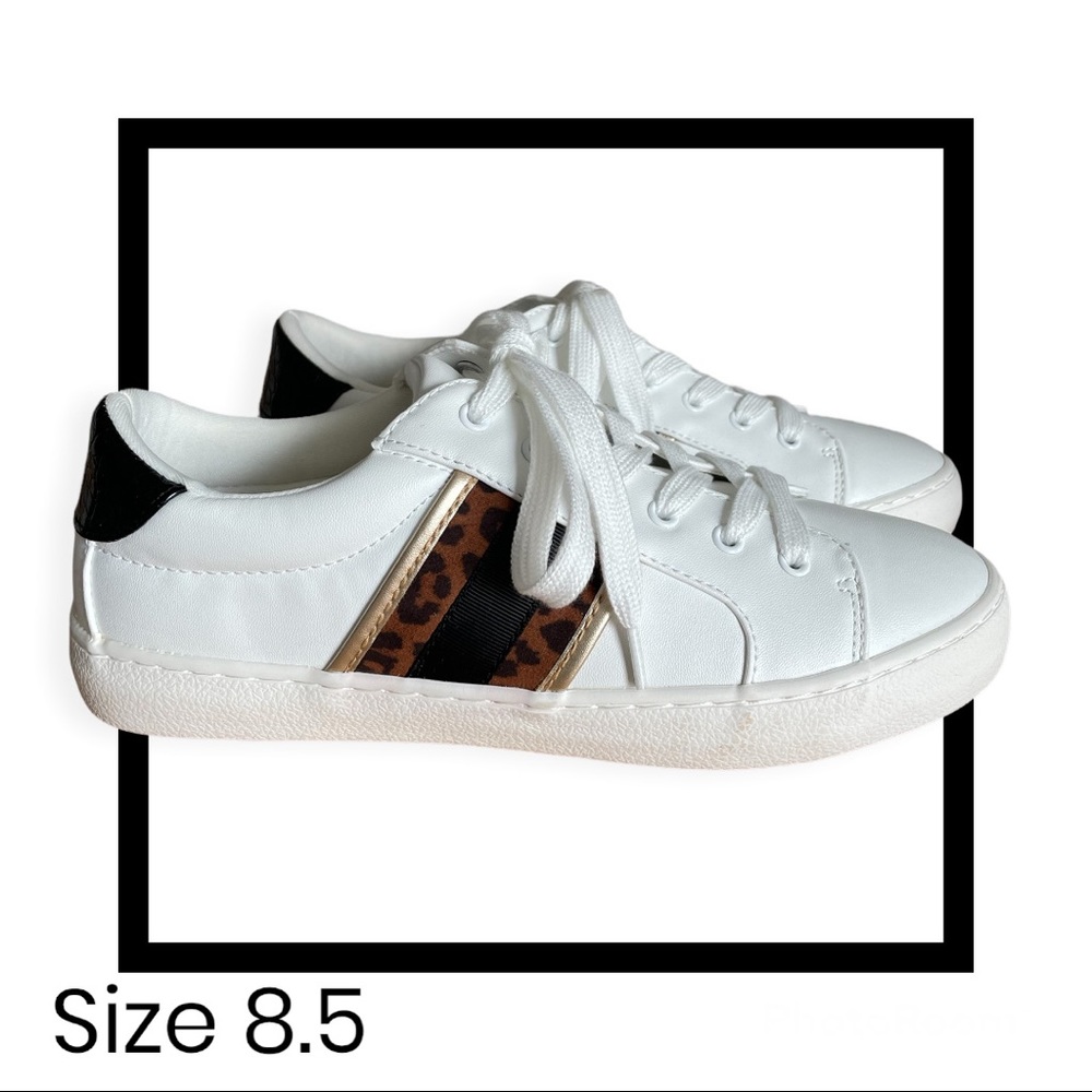 Time and True White Sneakers Leopard Print w/ Memory Foam